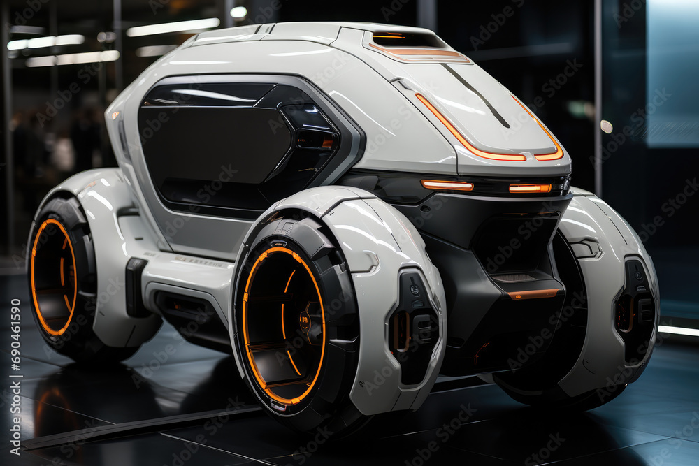 Modern delivery Vehicles three wheels, Advanced features, Futuristic, metallic Silver color. Generative AI.