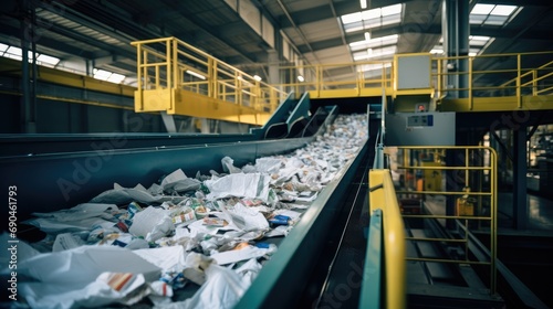 Recyclable materials on conveyor belt in a facility. Generative AI.