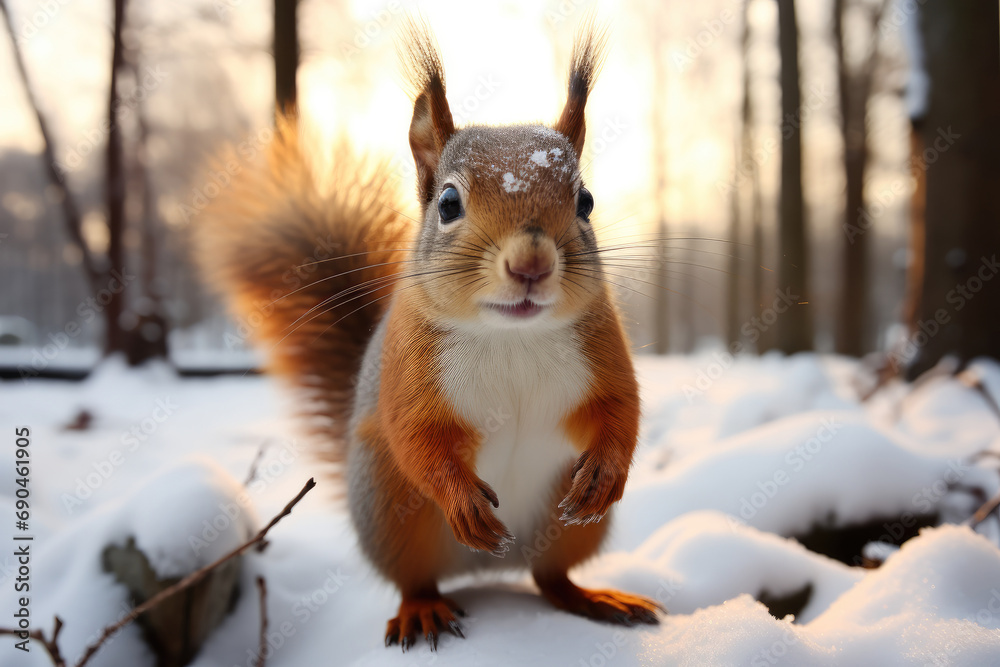 A cute squirrel standing in the snow. Generative AI. A cute squirrel standing in the snow. Generative AI.