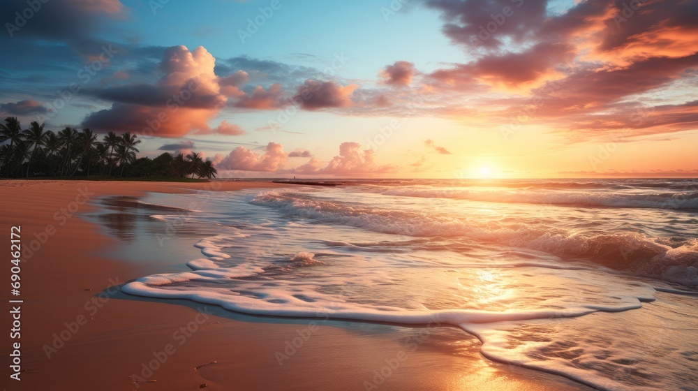A serene beach at sunset. Generative AI.