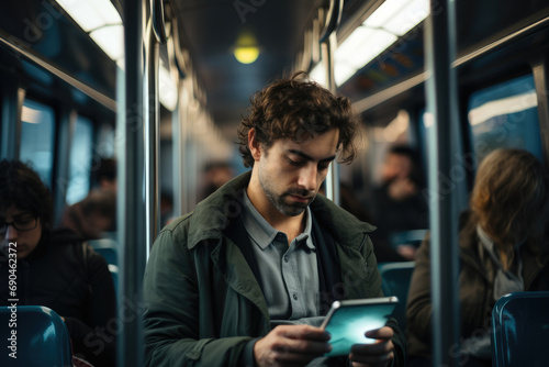 A person on a bus is engrossed in their smartphone. Generative AI.