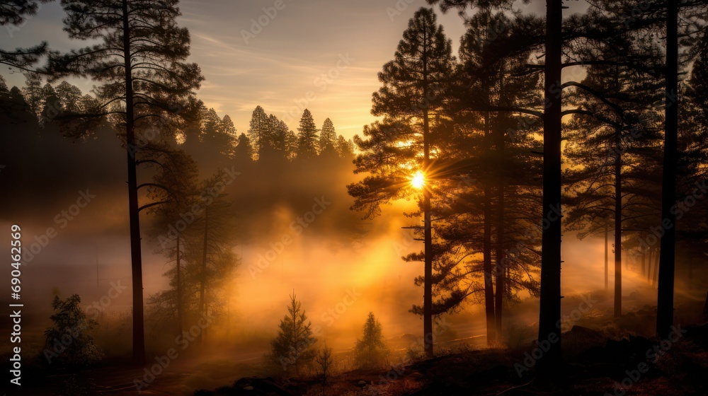 Cedar spruce pine tree forest in misty forest early morning. Cedar spruce pine tree forest in misty forest early morning.