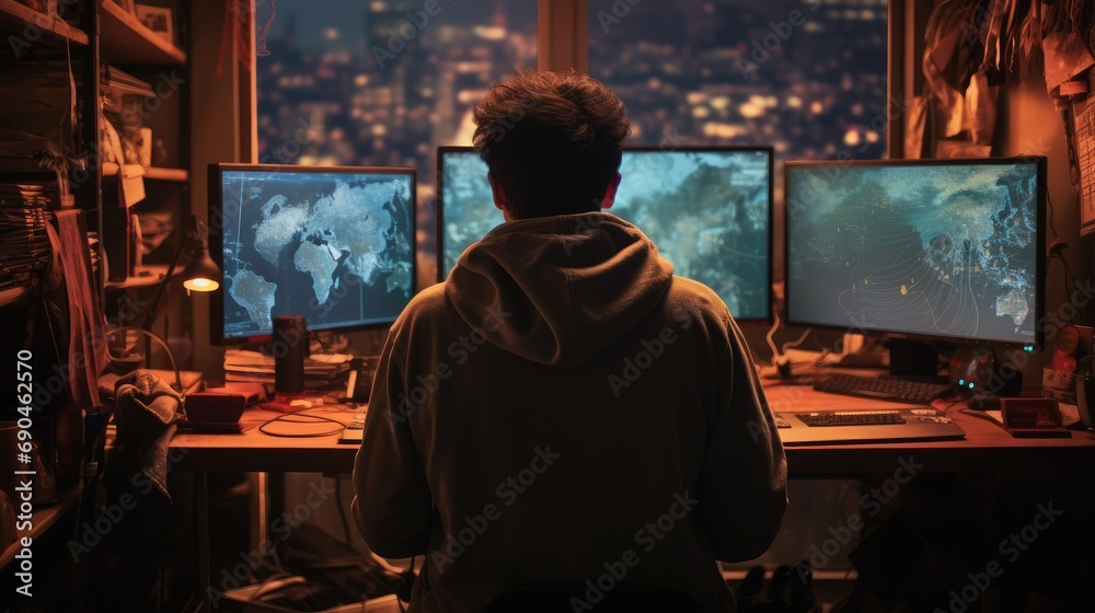 An hackers from behind working at the pc in his room. Generative AI. An hackers from behind working at the pc in his room. Generative AI.