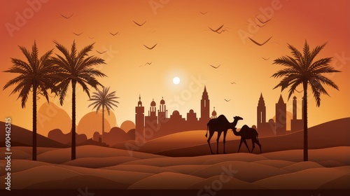 Paper craft in the shape of a camel in the desert with an Islamic theme for the Eid al-Adha holiday.