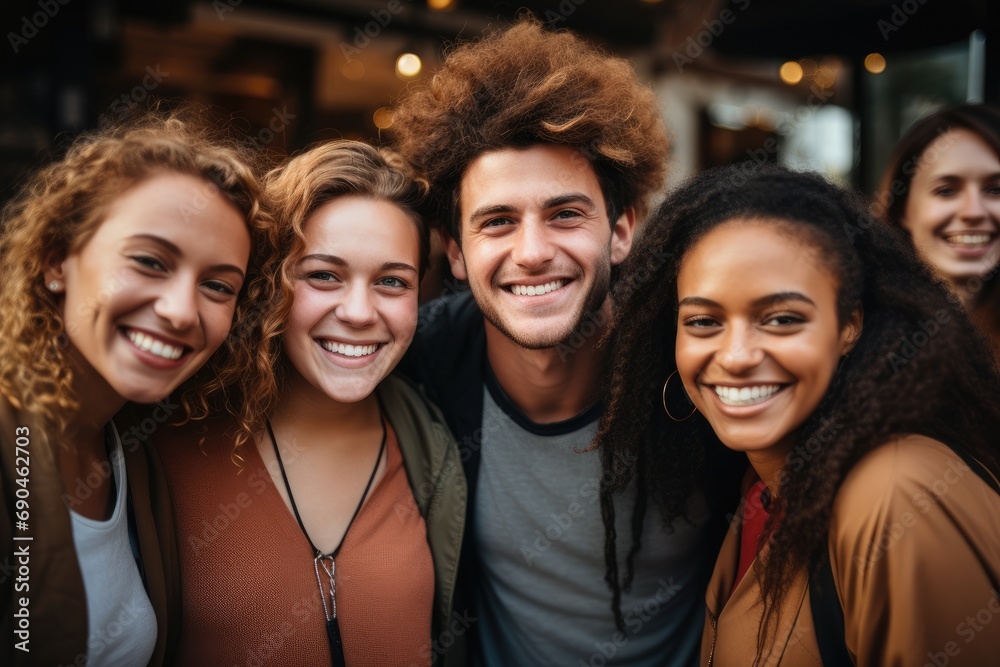 Portrait group of smiling people of different nationalities outside. Generative AI. Portrait group of smiling people of different nationalities outside. Generative AI.