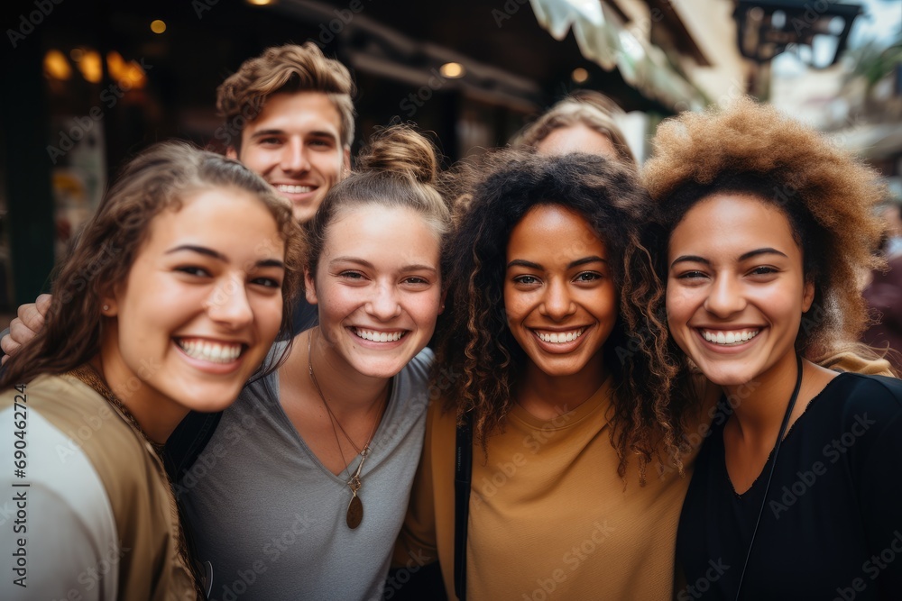 Portrait group of smiling people of different nationalities outside. Generative AI.