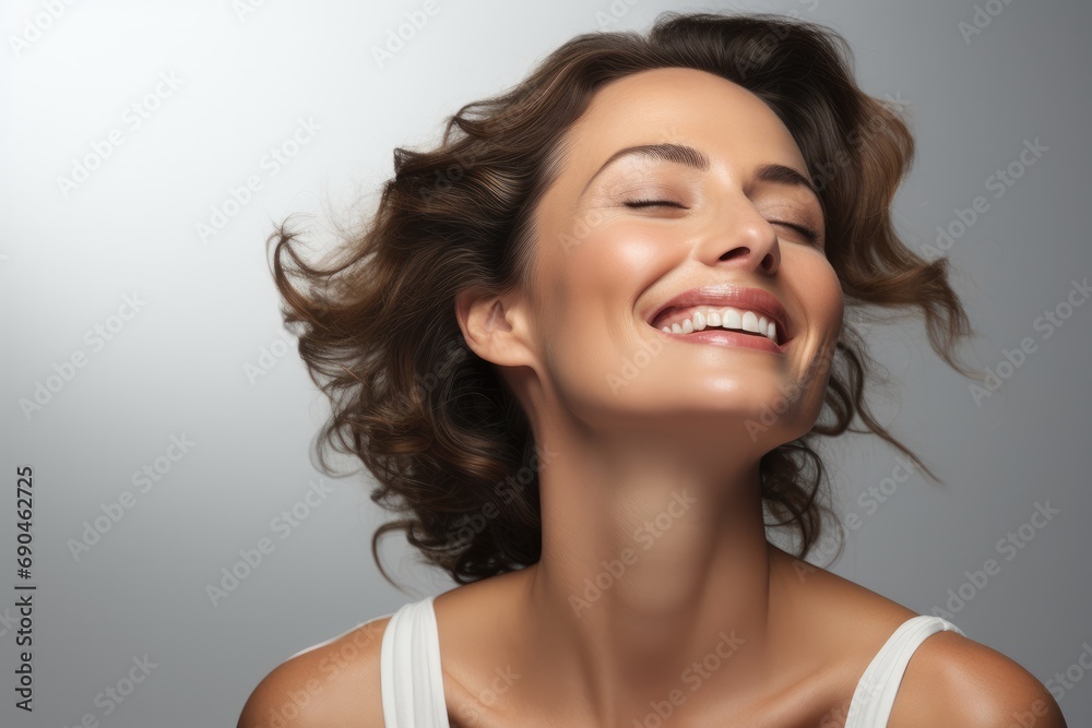 Middle-aged female with brown hair smiling and eyes closed on white background, Happy. Generative AI. Middle-aged female with brown hair smiling and eyes closed on white background, Happy. Generative AI.