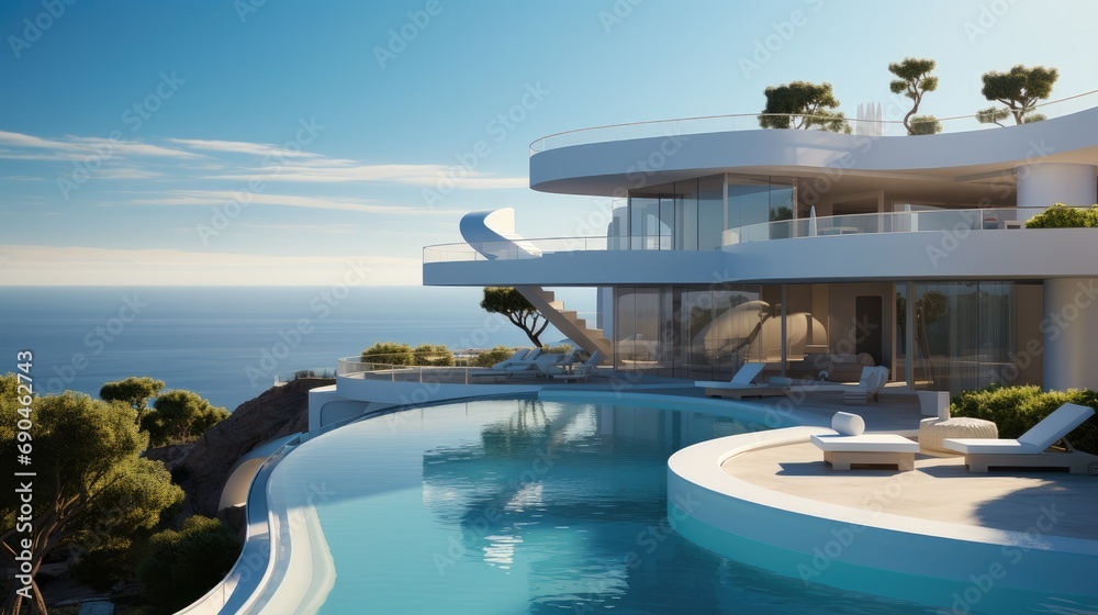 Villa with a swimming pool on a hill overlooking the ocean. Generative AI. Villa with a swimming pool on a hill overlooking the ocean. Generative AI.