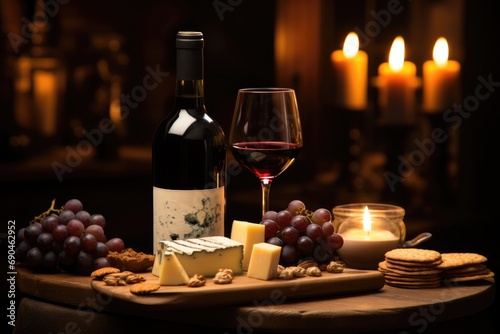A bottle of red wine and cheese on a wooden table behind candlelight. Generative AI. photo