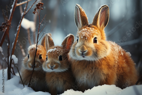 Mother rabbit and cubs in the snow