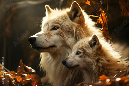 Mother wolf and her cubs in the forest photo