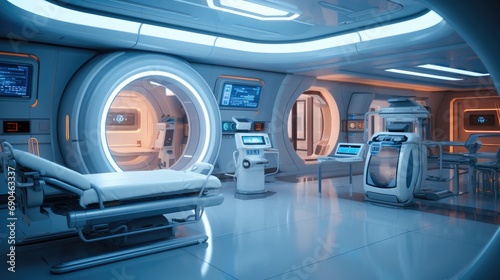 High-tech hospital, Hospital interior with large inspection equipment. Generative AI.
