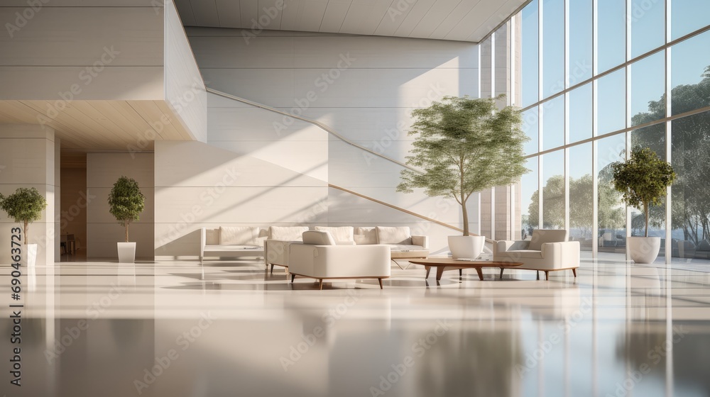 Minimalist apartment building lobby. Generative AI. Minimalist apartment building lobby. Generative AI.