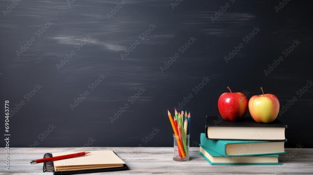 Set up study equipment, apple pencil books, classroom table with black board background