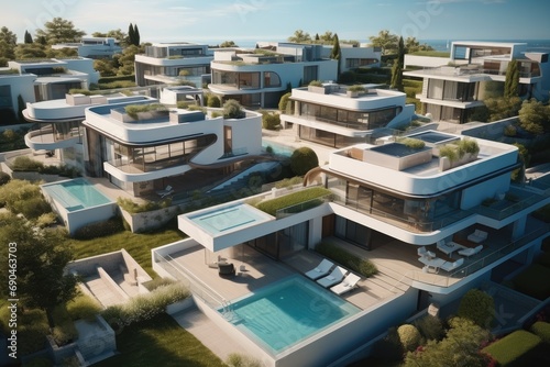A luxury modern houses, Some houses have pools and garages, Top view. Generative AI. © visoot