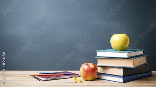 Set up study equipment, apple pencil books, classroom table with black board background