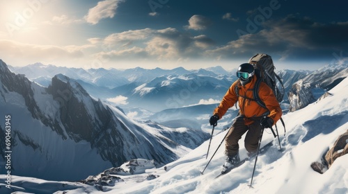 Hiker in winter mountains, Beautiful landscape in the background. Generative AI.