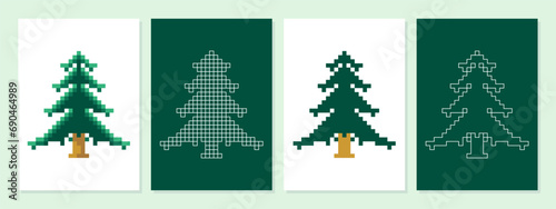 Set of Christmas Trees Design Vector Template. Christmas trees collection pixel art. Pixels, square, art, lines, seamless, modern, aestethics, decoration, christmas trees.