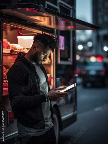 A Photo of a Person Using a Digital Wallet on Their Phone to Pay at a Food Truck in an Urban Street Setting
