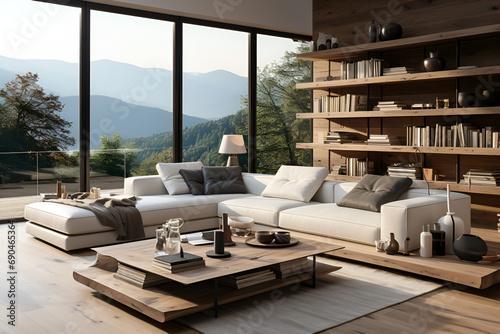 Spacious bright living room with large white sofa generated AI © Tatiana