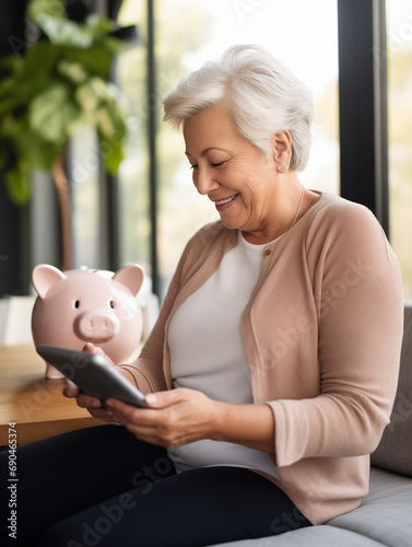 A Photo of a Woman Checking Her Retirement Savings Progress on a Tablet Looking Hopeful and Positive