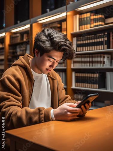 A Photo of a Student Using a Budgeting App on Their Smartphone While Studying in a University Library