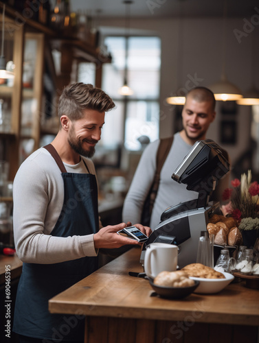 A Photo of a Man Using a Contactless Payment Method at a Coffee Shop with a Barista in the Background