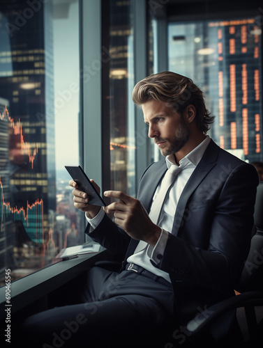 A Photo of a Businessman Checking Stock Market Updates on His Phone in a High-Rise Office
