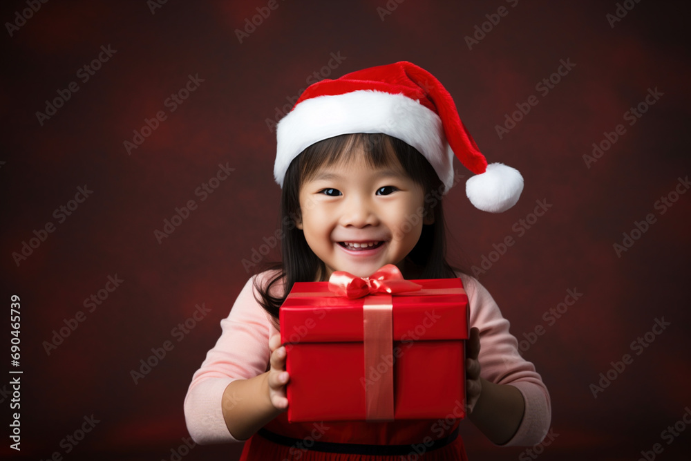 Portrait of Asian toddler baby girl in Christmas Santa hat holding present box looking at camera fur bokeh tree on background. Celebrating happy Christmas Xmas New Year Eve December holiday concept Portrait of Asian toddler baby girl in Christmas Santa hat holding present box looking at camera fur bokeh tree on background. Celebrating happy Christmas Xmas New Year Eve December holiday concept