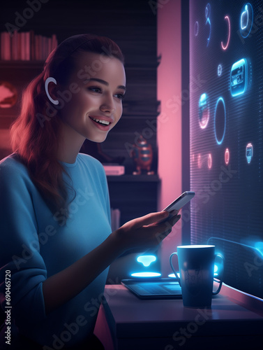 A Photo of a Woman Using a Voice-Activated Assistant to Check Her Bank Balance at Home