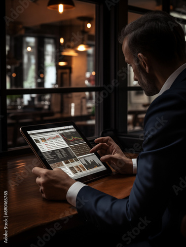 A Photo of a Person Checking Real-Time Stock Market Updates on a Tablet in a Coffee Shop
