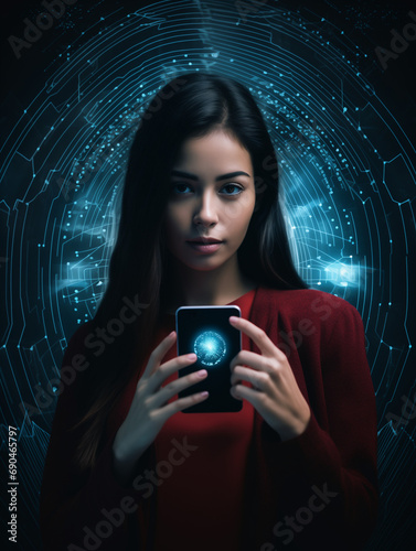 A Photo of a Young Woman Using Biometric Authentication for Secure Online Transactions on Her Phone