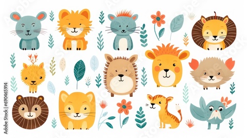 Children's cartoon style animal lion tiger design pattern with nature leaves.