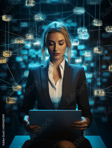 A Photo of a Businesswoman Using Blockchain Technology to Secure Company Transactions
