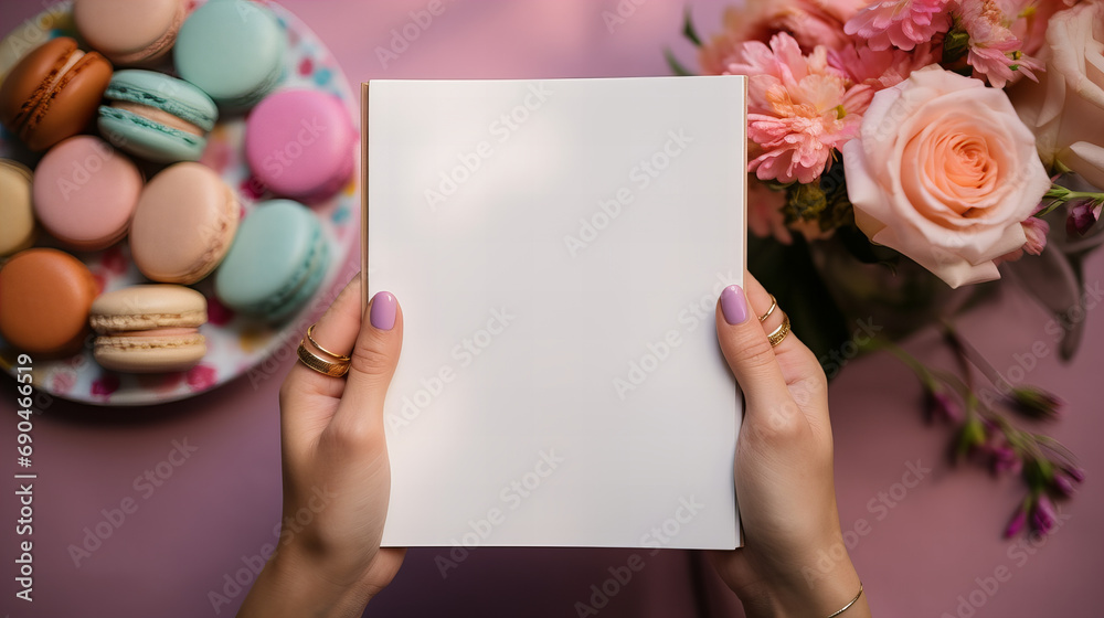Blank notebook sheet in the hand for notes advertising menu in cafe with plates of macaroons, blank sheet of paper. Blank paper poster in male hands. Blank template for graphic designers portfolios Blank notebook sheet in the hand for notes advertising menu in cafe with plates of macaroons, blank sheet of paper. Blank paper poster in male hands. Blank template for graphic designers portfolios
