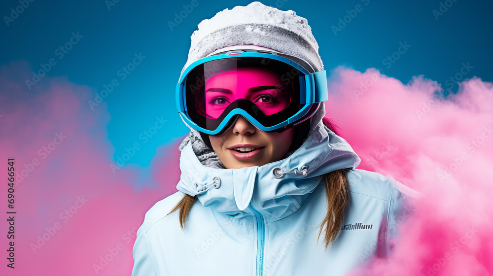 Young blonde woman portrait in skii goggles ready for skiing, extreme sport activities, winter holidays in the mountains resort, copy space, isolated on pink background, advertising banner promo Young blonde woman portrait in skii goggles ready for skiing, extreme sport activities, winter holidays in the mountains resort, copy space, isolated on pink background, advertising banner promo