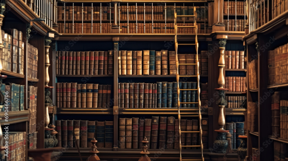 Old library with many books on shelves,bookself,ancientbook