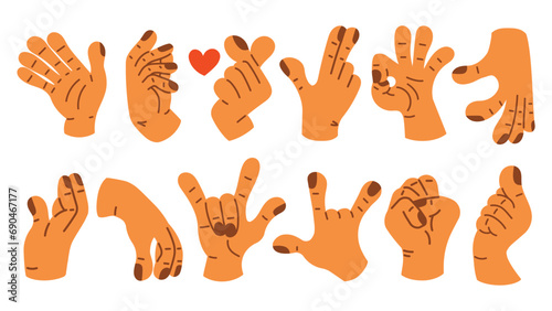 Collection of gesture signs from human hands. A set of fingers showing emotions and directions. gesture finger in flat design. communication expressions with hand sign in trendy style. vector icon photo
