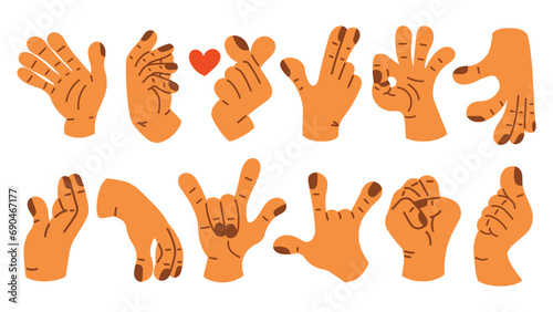 Collection of gesture signs from human hands. A set of fingers showing emotions and directions. gesture finger in flat design. communication expressions with hand sign in trendy style. vector icon
