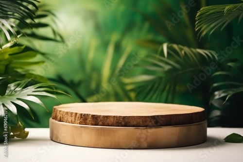 Cosmetics product advertising stand. Exhibition wooden podium on green background with palm leaves and shadows. Empty pedestal to display product packaging. Mockup. generative ai.