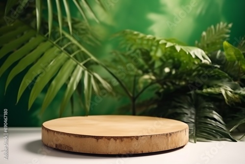 Cosmetics product advertising stand. Exhibition wooden podium on green background with palm leaves and shadows. Empty pedestal to display product packaging. Mockup. generative ai.