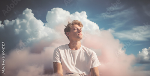 Ultra Realistic 8K Portrait of a Young Man Looking Up Against a Dramatic Cloudy Sky with Cinematic Lighting