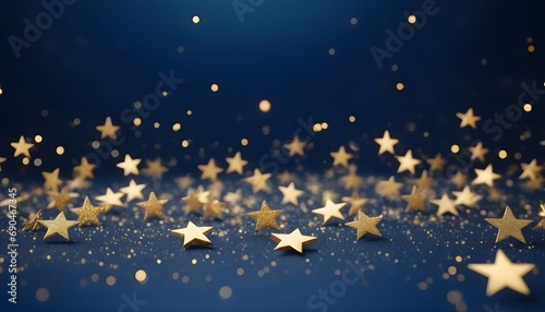Abstract background with gold stars, particles and sparkling on navy blue. Christmas Golden light shine particles bokeh on navy blue background. 2024 New year background. Gold foil texture. © S@photo