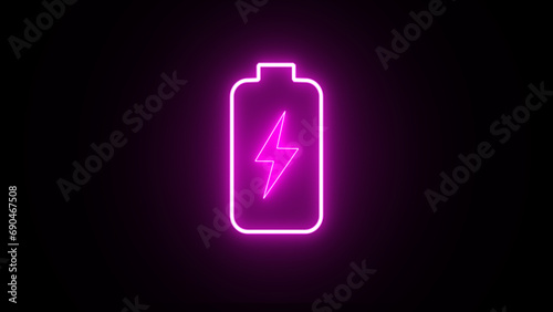 3d glowing neon symbol of vertical symbol of charging empty battery isolated on black background. glowing battery icon with Lightning bolt symbol.
