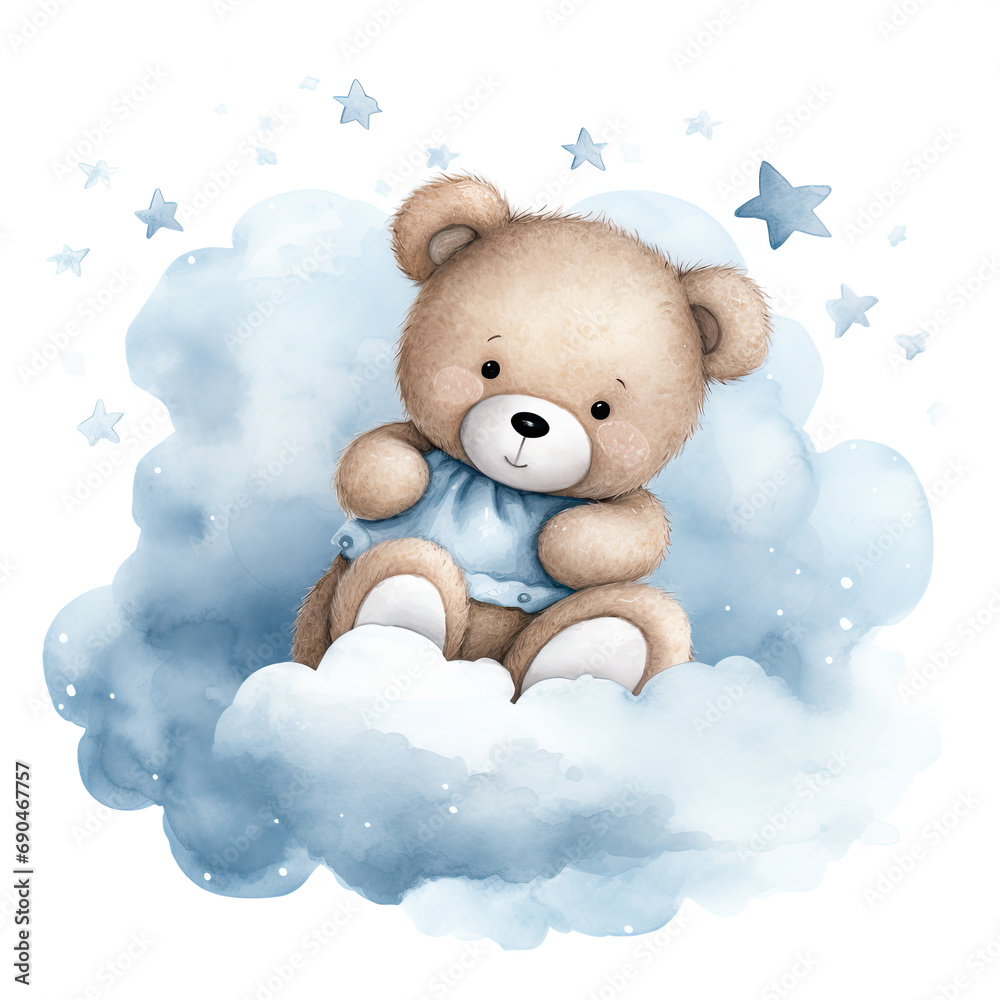 Cute baby teddy bear sleeping on the cloud Illustration, Generative Ai Cute baby teddy bear sleeping on the cloud Illustration, Generative Ai