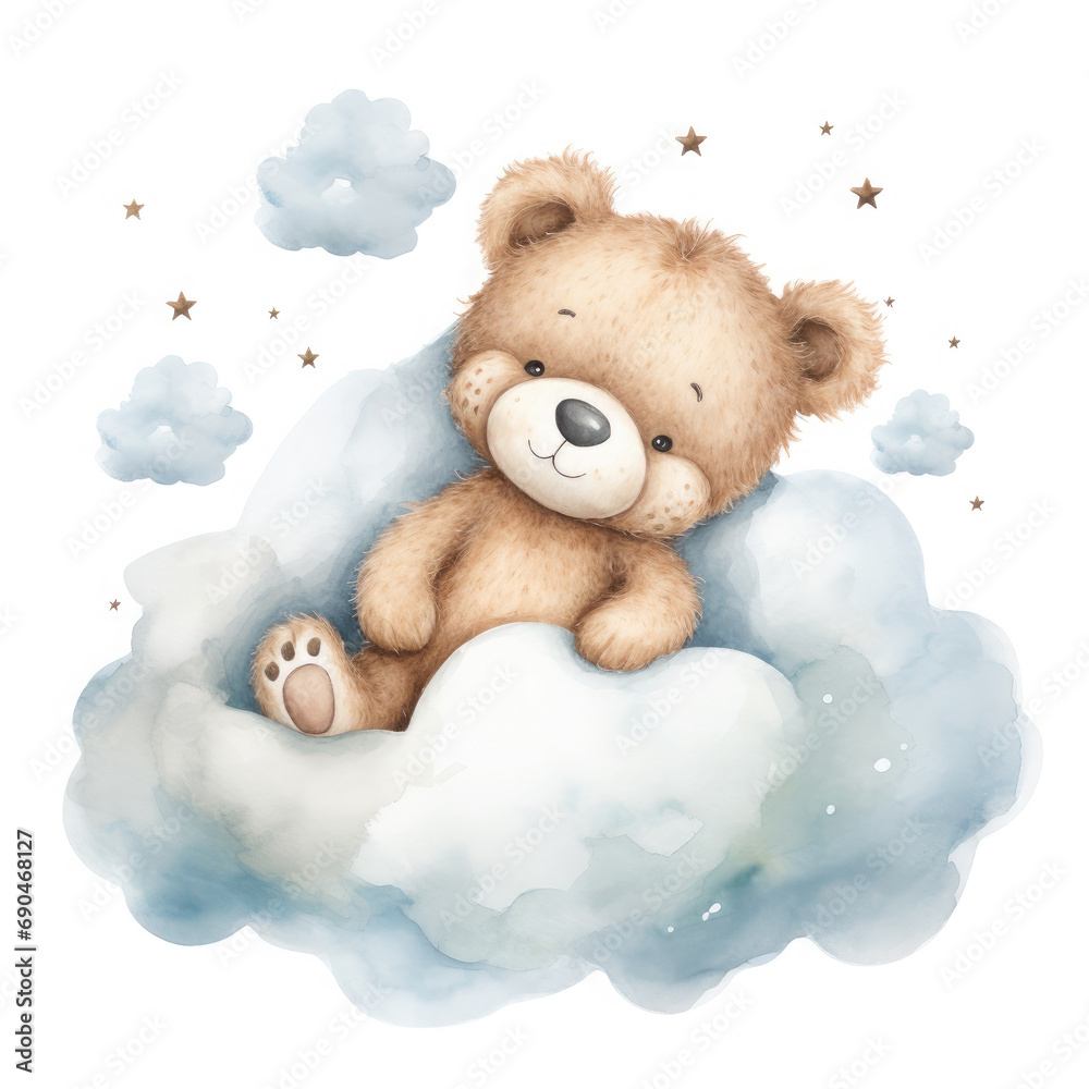Cute baby teddy bear sleeping on the cloud Illustration, Generative Ai Cute baby teddy bear sleeping on the cloud Illustration, Generative Ai