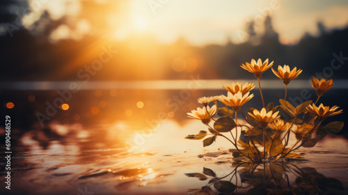 Flowers in the middle of a pond taking on the color of a golden sunset