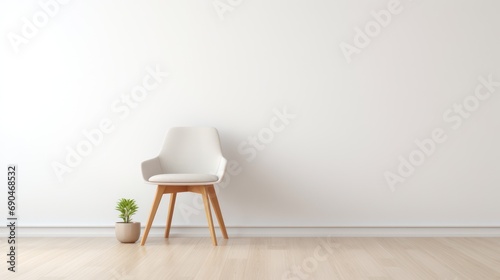Dining chair Padded seat wooden legs, in a modern minimalist interior room with wooden vinyl flooring, with space white wall. photo
