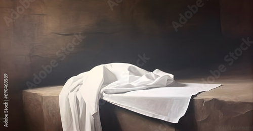 Resurrection Of Jesus Christ Concept. A Shroud And Crucifixion At Sunrise