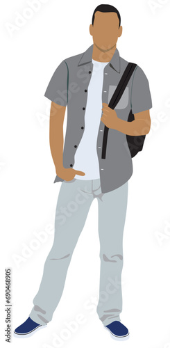 College student. Young black man, High school, college, university student standing with books. Handsome guy in casual outfit. Male cartoon character vector illustration isolated on transpbackground. 